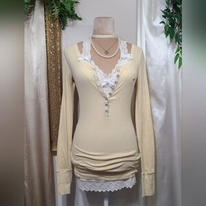 ♡ Y2K ♡ Hollister Butter Yellow Blingy Button Henley Long Sleeve Top